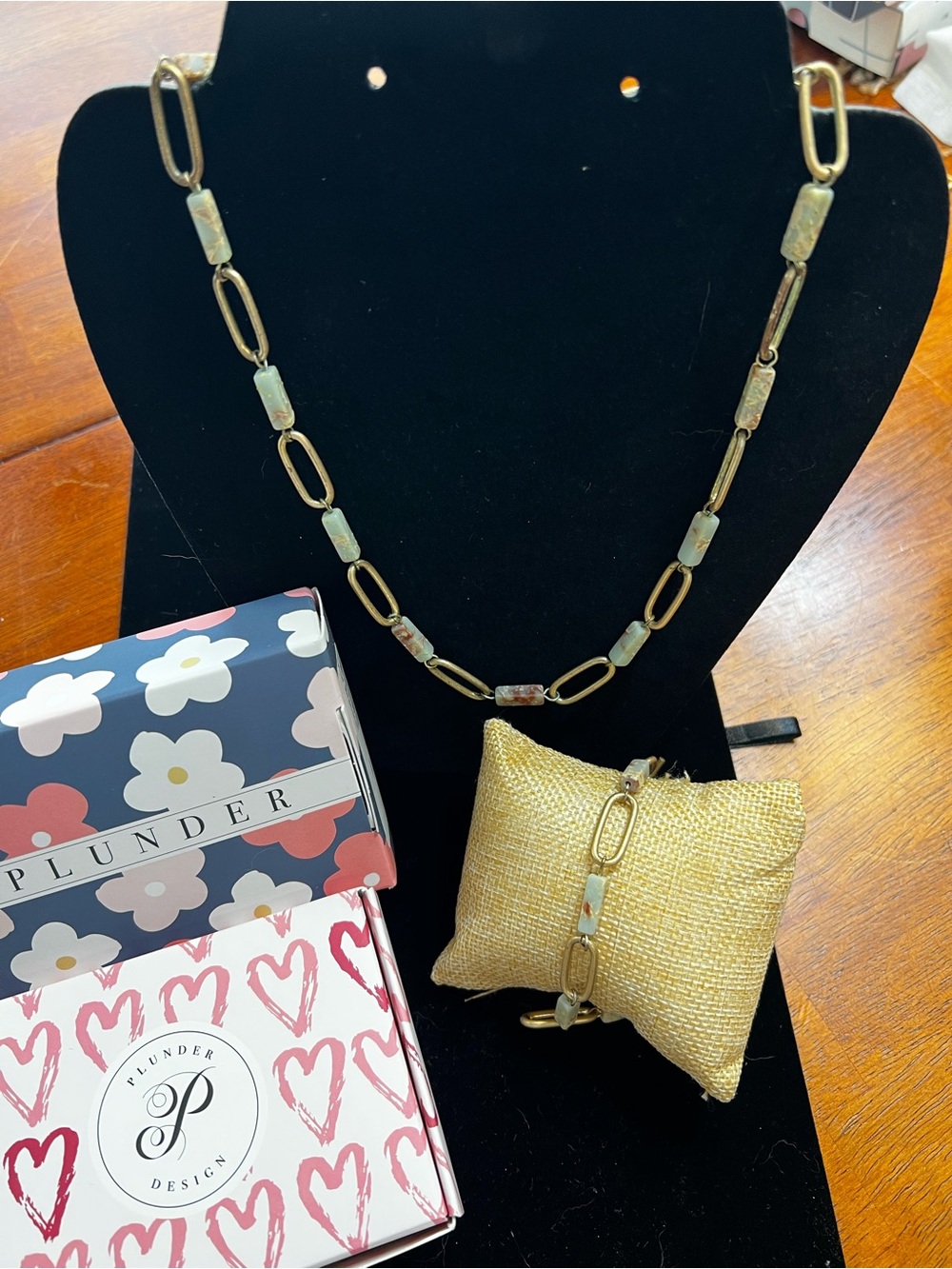 Plunder Gold-Tone Link Necklace and Bracelet with Pale Blue-Green Stone Accents